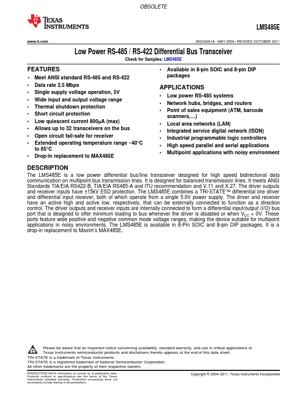 LMS485E Low Power RS-485 / RS-422 Differential Bus Transceiver by Texas Instruments - Datasheet Preview