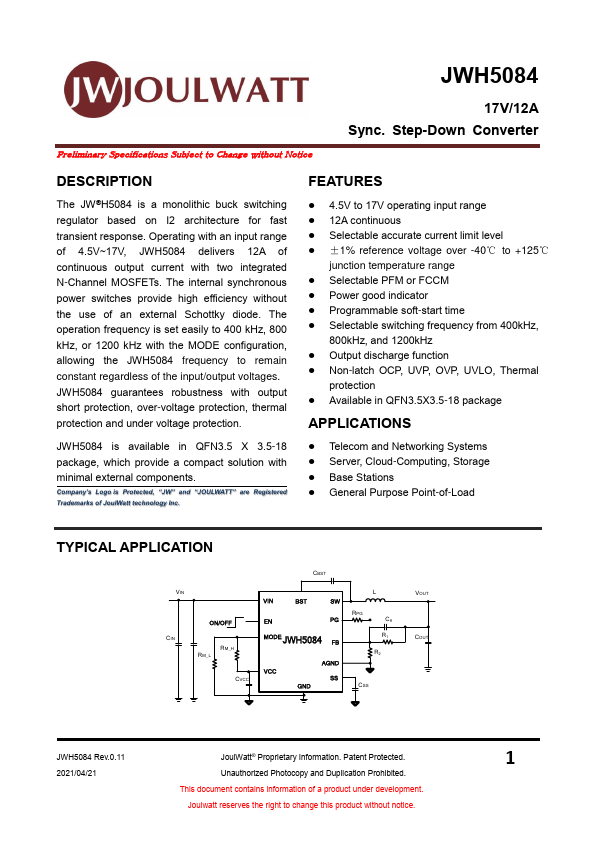 JWH5084 17V/12A Sync. Step-Down Converter by JoulWatt - Datasheet Preview