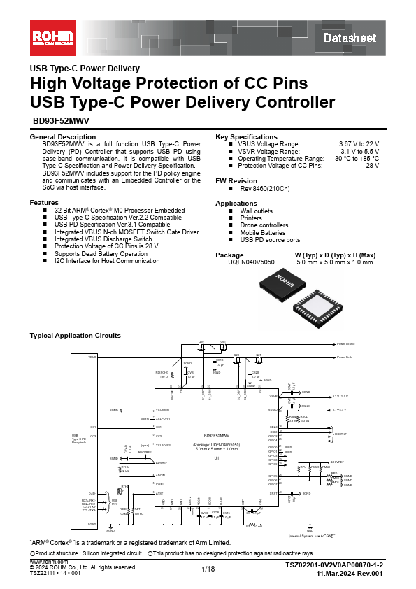 BD93F52MWV USB Type-C Power Delivery Controller by ROHM - Datasheet Preview