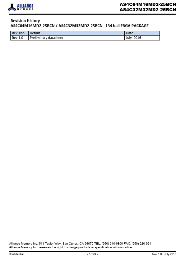 AS4C32M32MD2-25BCN Datasheet Preview