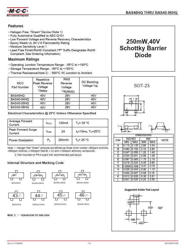 BAS40-06HQ 250mW 40V Schottky Barrier Diode by Micro Commercial Components - Datasheet Preview