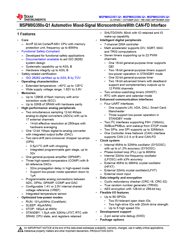 MSPM0G3505-Q1 Datasheet Preview