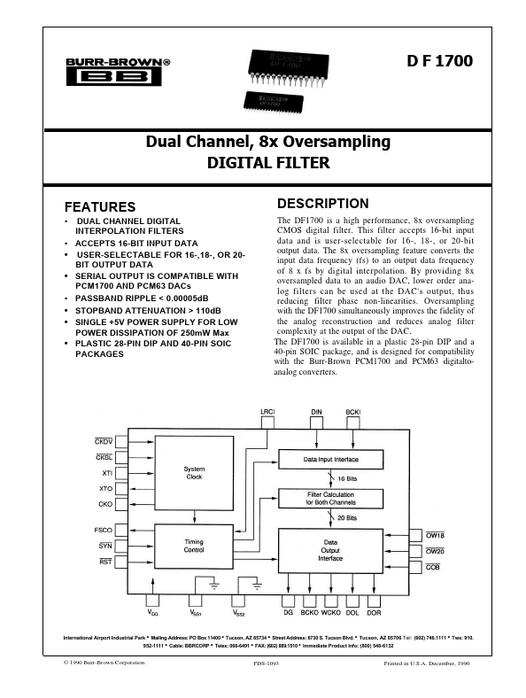 DF1700 Dual-Channel 8x Oversampling DIGITAL FILTER by Burr-Brown - Datasheet Preview