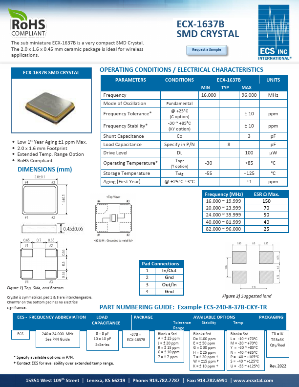 ECX-1637B SMD CRYSTAL by ECS - Datasheet Preview