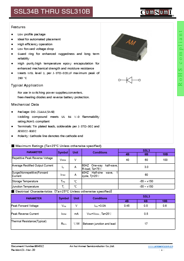 SSL310B Schottky Barrier Rectifier by CumSumI - Datasheet Preview