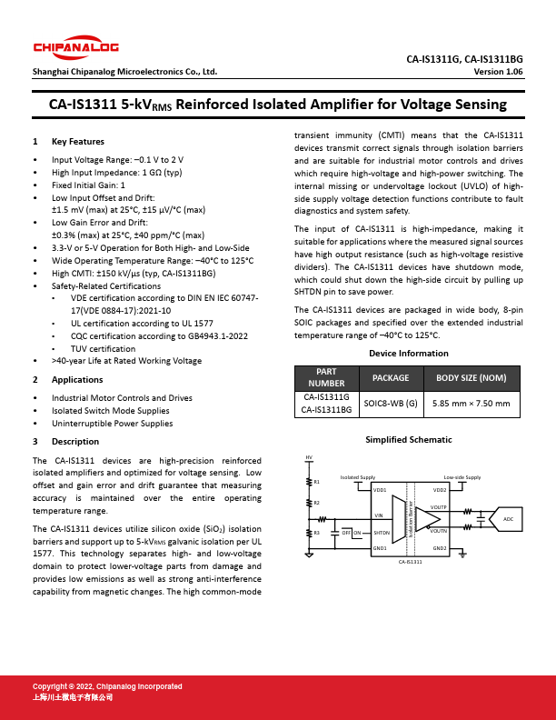 CA-IS1311G Reinforced Isolated Amplifier by Chipanalog - Datasheet Preview