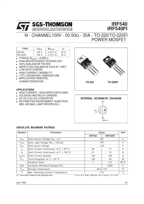 IRF540FI 100V 30A N-Channel Power MOSFET by STMicroelectronics - Datasheet Preview