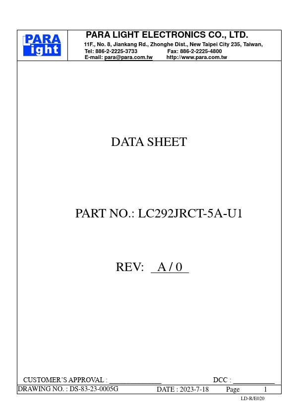 LC292JRCT-5A-U1 SURFACE MOUNT DEVICE LED by PARA LIGHT - Datasheet Preview