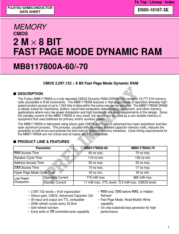 MB8117800A-70 FAST PAGE MODE DYNAMIC RAM by Fujitsu - Datasheet Preview