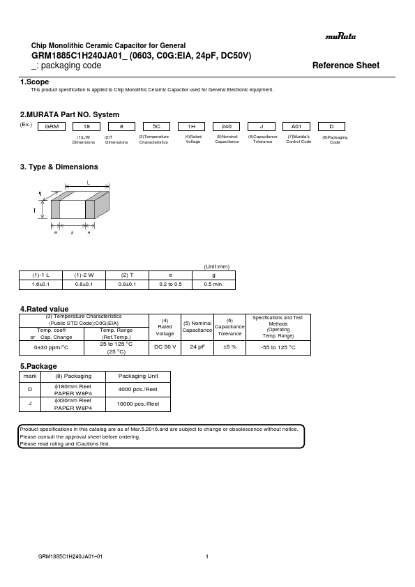 GRM1885C1H240JA01D Monolithic Ceramic Capacitor by Murata - Datasheet Preview
