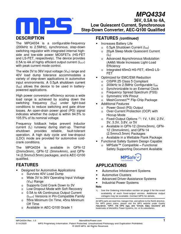 MPQ4334 36V Low Quiescent Current Synchronous Step-Down Converter by MPS - Datasheet Preview