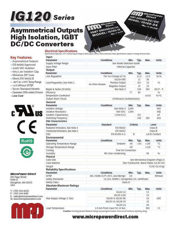 IG120-12W IGBT DC/DC Converters by MicroPower Direct - Datasheet Preview