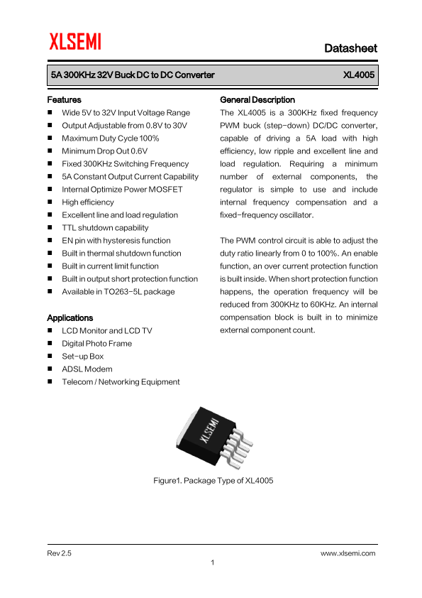 XL4005 5A 300KHz 32V Buck DC to DC Converter by XLSEMI - Datasheet Preview