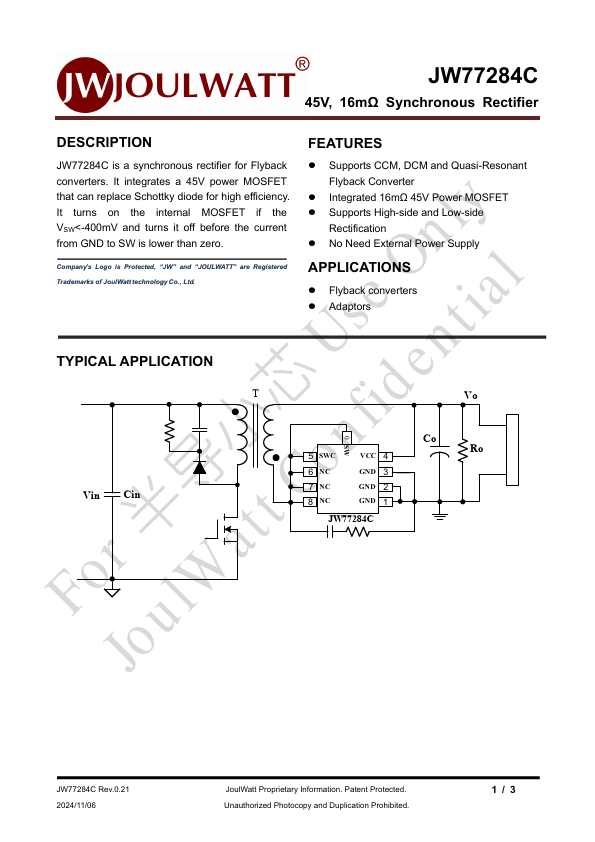 JW77284C 45V Synchronous Rectifier by JoulWatt - Datasheet Preview
