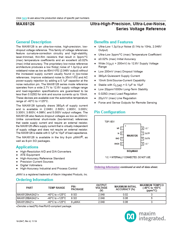 MAX6126 Ultra-High-Precision Ultra-Low-Noise Series Voltage Reference by Maxim Integrated - Datasheet Preview