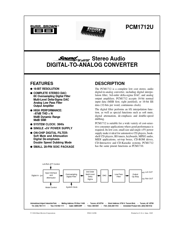 PCM1712U Stereo Audio DIGITAL-TO-ANALOG CONVERTER by Burr-Brown - Datasheet Preview