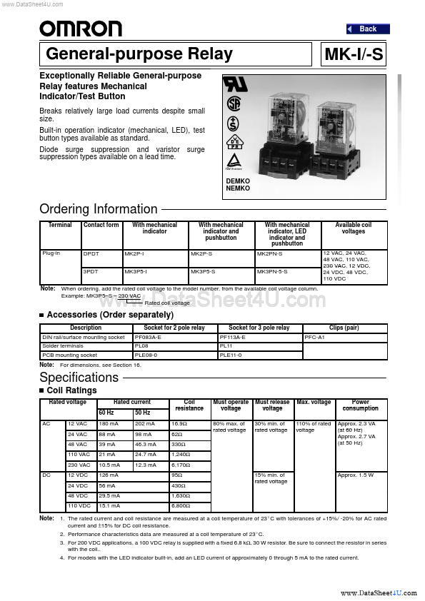 MK3PN datasheet, relay equivalent, Omron Electronics