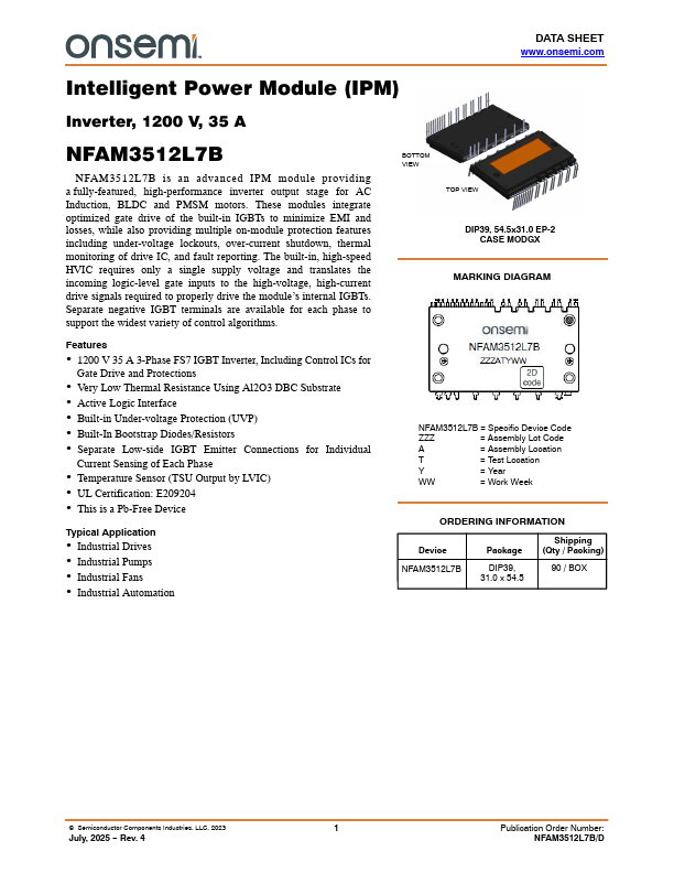 NFAM3512L7B Intelligent Power Module by ON Semiconductor - Datasheet Preview