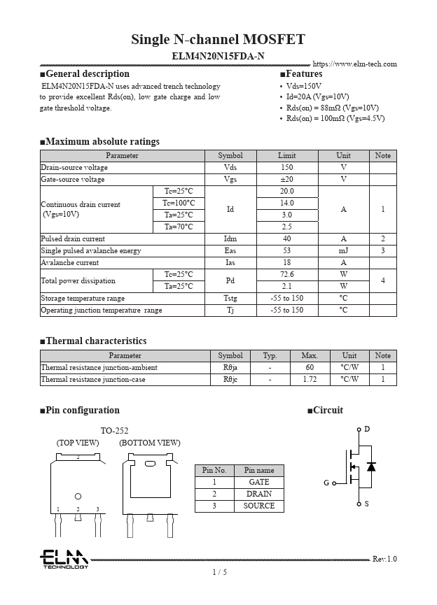 ELM4N20N15FDA-N Single N-channel MOSFET by ELM - Datasheet Preview