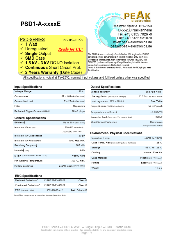 PSD1-A-3R312E 1W single output DC/DC converters by PEAK electronics - Datasheet Preview