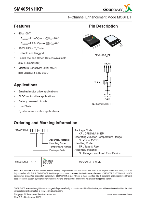 SM4051NHKP N-Channel Enhancement Mode MOSFET by Sinopower - Datasheet Preview