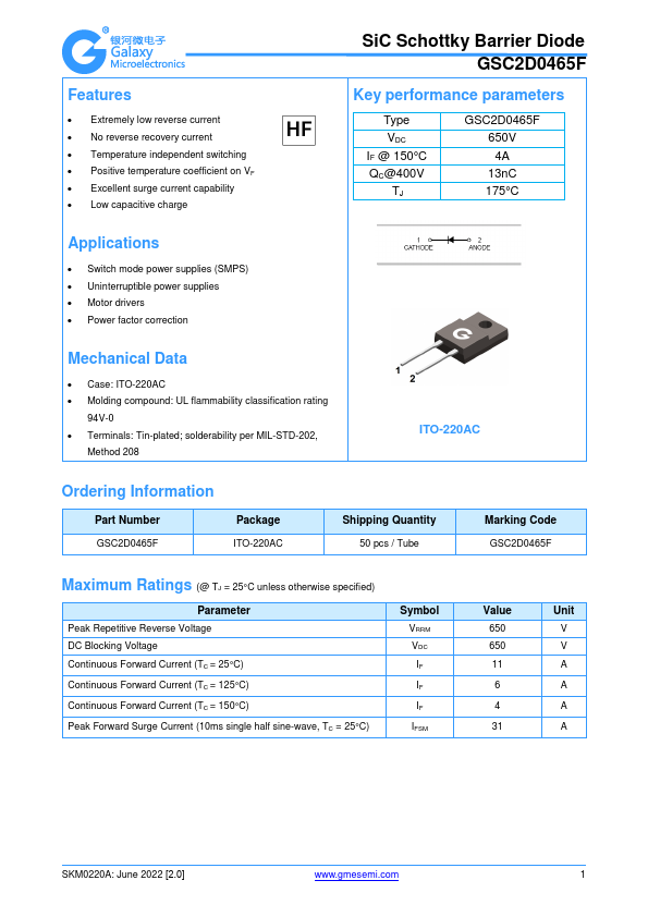 GSC2D0465F SiC Schottky Barrier Diode by GME - Datasheet Preview