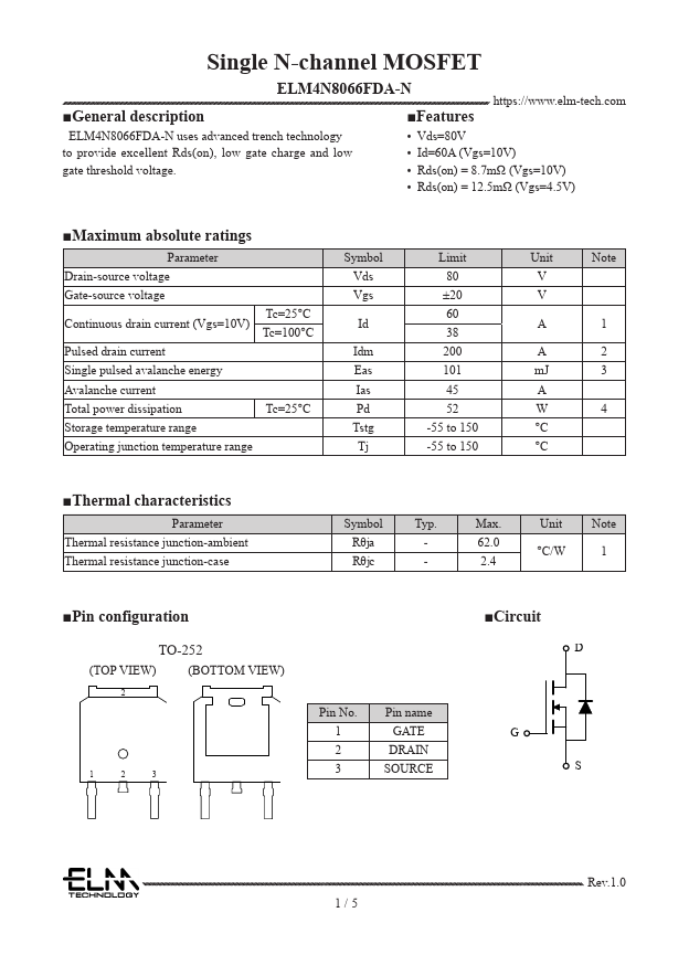 ELM4N8066FDA-N Single N-channel MOSFET by ELM - Datasheet Preview