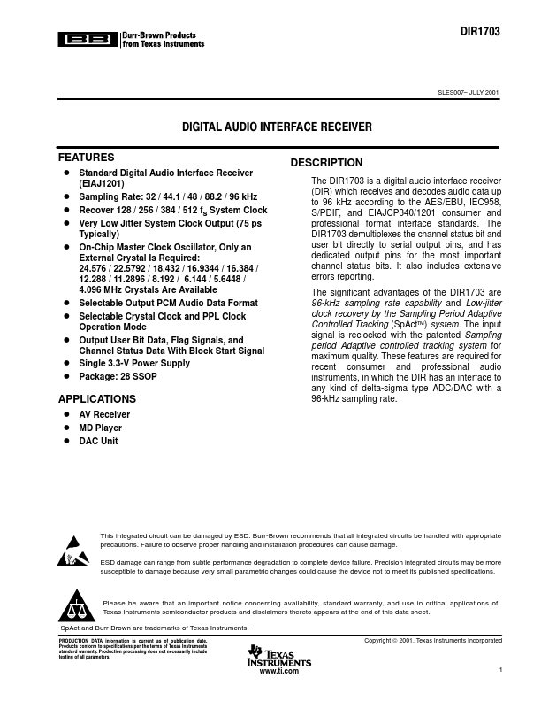 DIR1703 DIGITAL AUDIO INTERFACE RECEIVER by Burr-Brown - Datasheet Preview