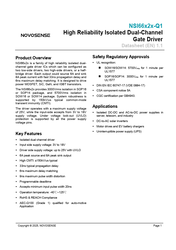 NSI6602NA-Q1 High Reliability Isolated Dual-Channel Gate Driver by NOVOSENSE - Datasheet Preview