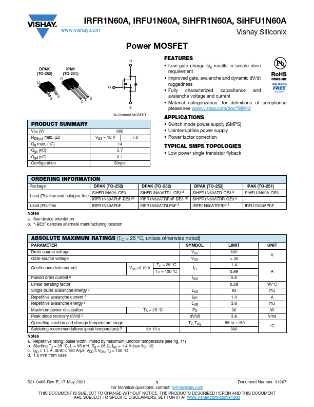 SiHFU1N60A Datasheet Preview