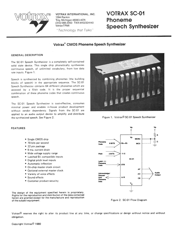 SC-01 Votrax CMOS Phoneme Speech Synthesizer by Votrax - Datasheet Preview