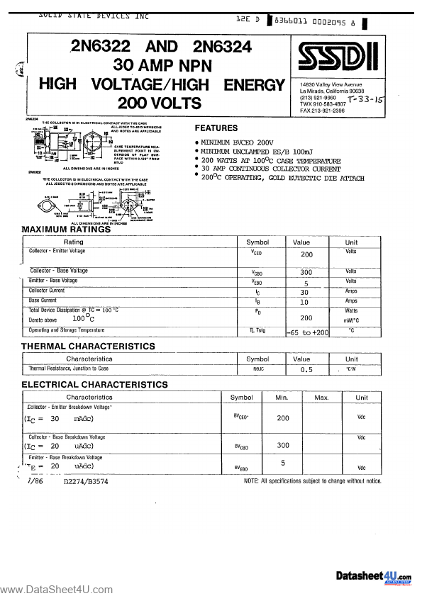 2N6324 2N6322 NPN Transistor Solid States Devices 2N6324 2N6322 NPN Transistor Solid States Devices