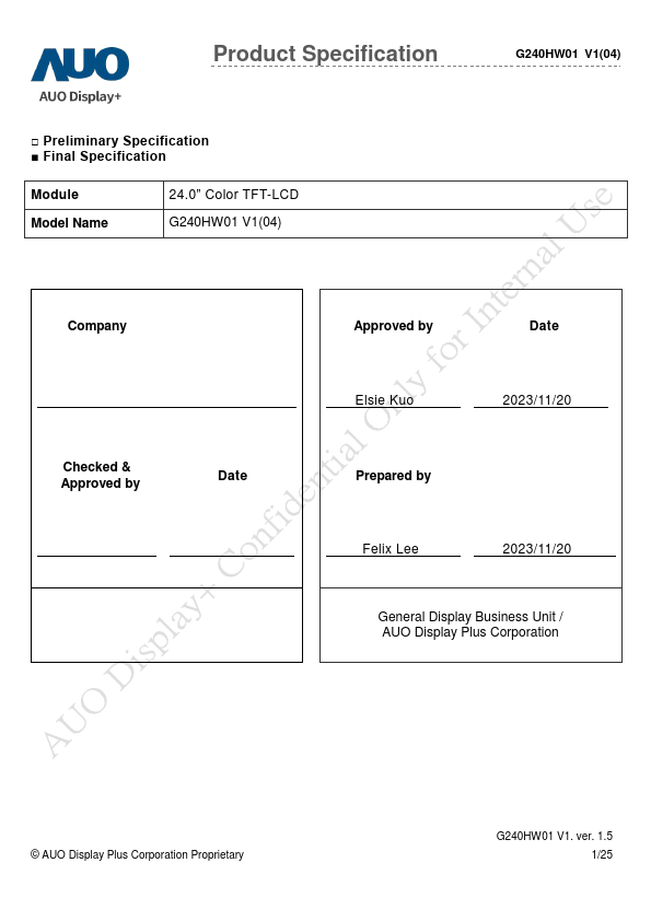 G240HW01-V1 Datasheet Preview