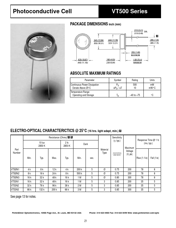 VT53N2 Photoconductive Cell by PerkinElmer Optoelectronics - Datasheet Preview