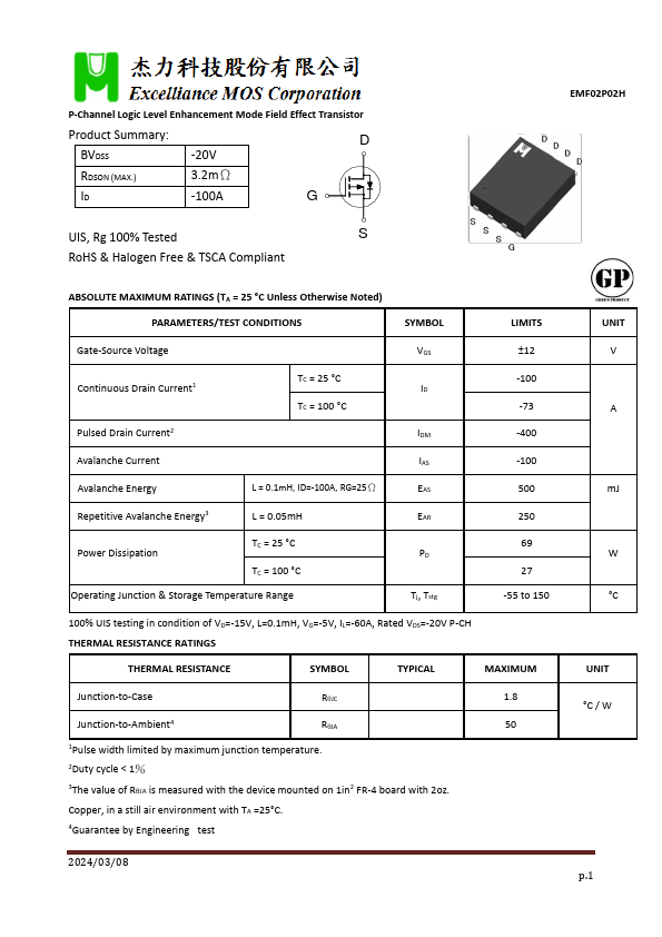 EMF02P02H P-Channel Logic Level Enhancement Mode Field Effect Transistor by Excelliance MOS - Datasheet Preview