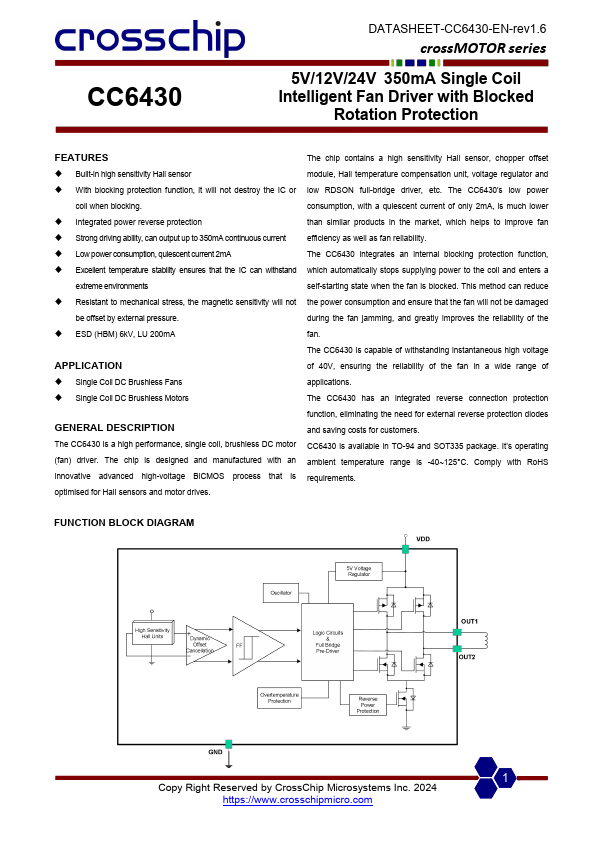 CC6430 5V/12V/24V 350mA Single Coil Intelligent Fan Driver by CrossChip - Datasheet Preview