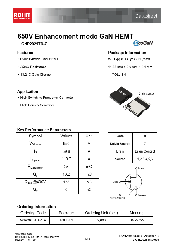 GNP2025TD-Z 650V Enhancement mode GaN HEMT by ROHM - Datasheet Preview