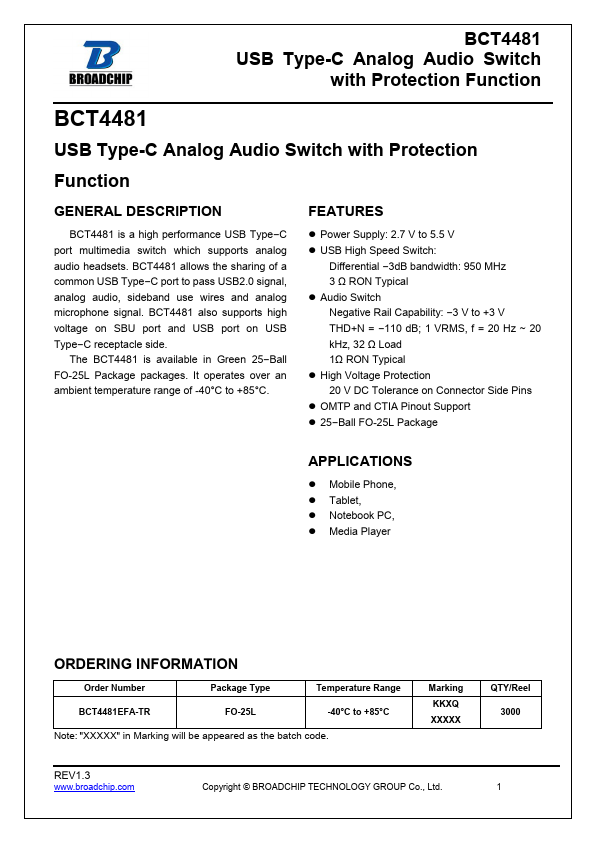 BCT4481 USB Type-C Analog Audio Switch by BROADCHIP - Datasheet Preview