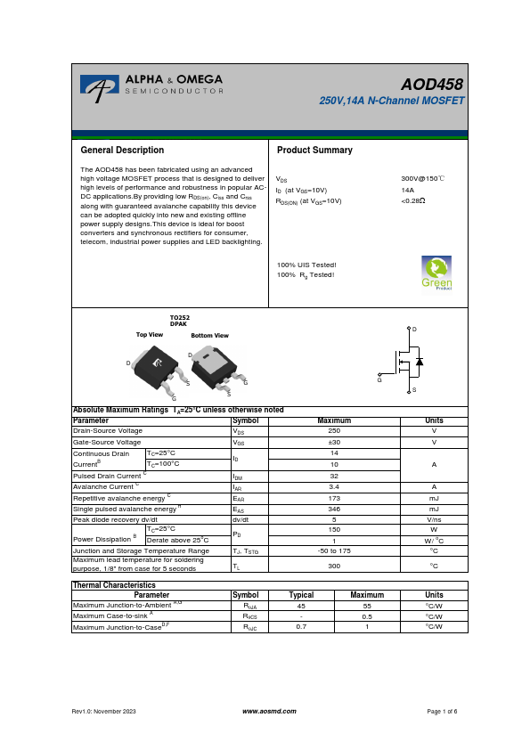 AOD458 250V 14A N-Channel MOSFET by Alpha & Omega Semiconductors - Datasheet Preview