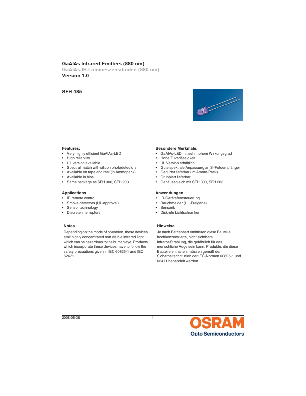 SFH485 GaAlAs Infrared Emitters by OSRAM - Datasheet Preview