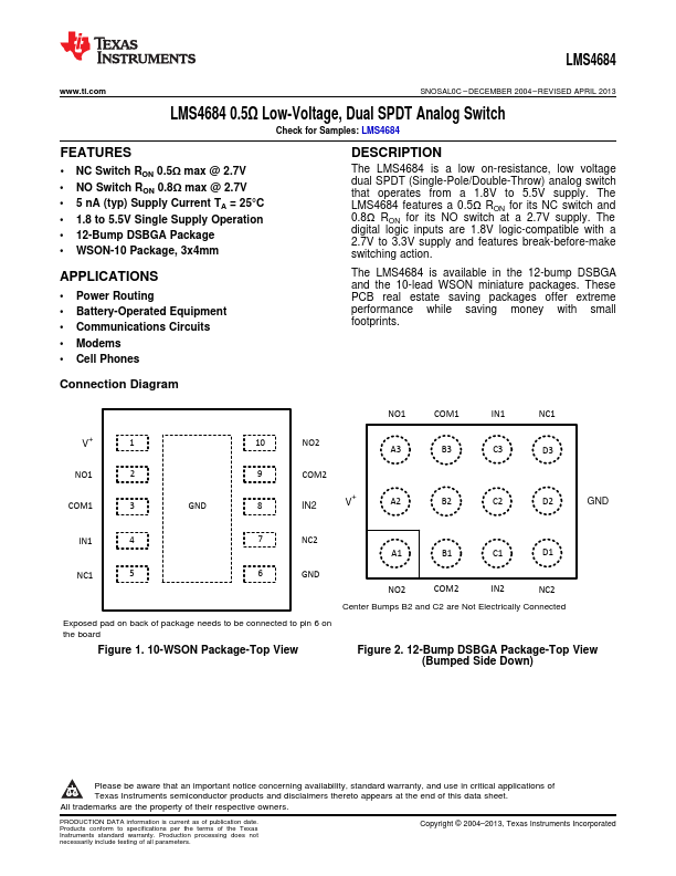 LMS4684 Dual SPDT Analog Switch by Texas Instruments - Datasheet Preview
