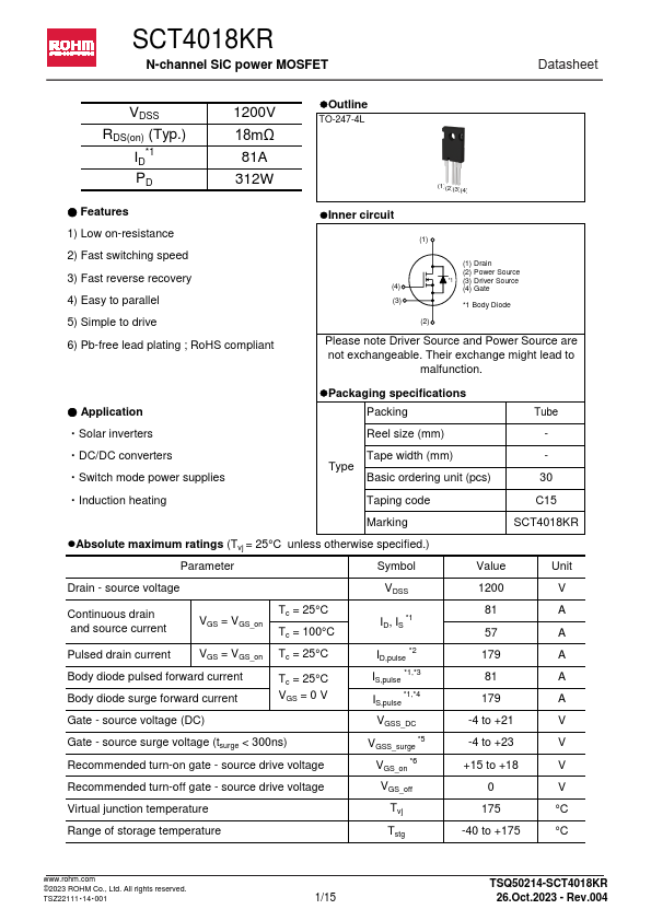 SCT4018KR N-channel SiC power MOSFET by ROHM - Datasheet Preview