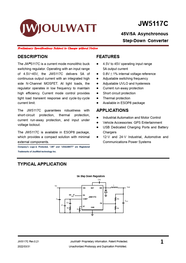 JW5117C 45V/5A Asynchronous Step-Down Converter by JoulWatt - Datasheet Preview