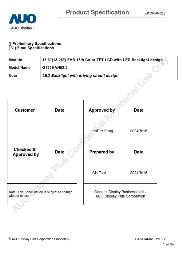 G133HAN02.2 Datasheet Preview