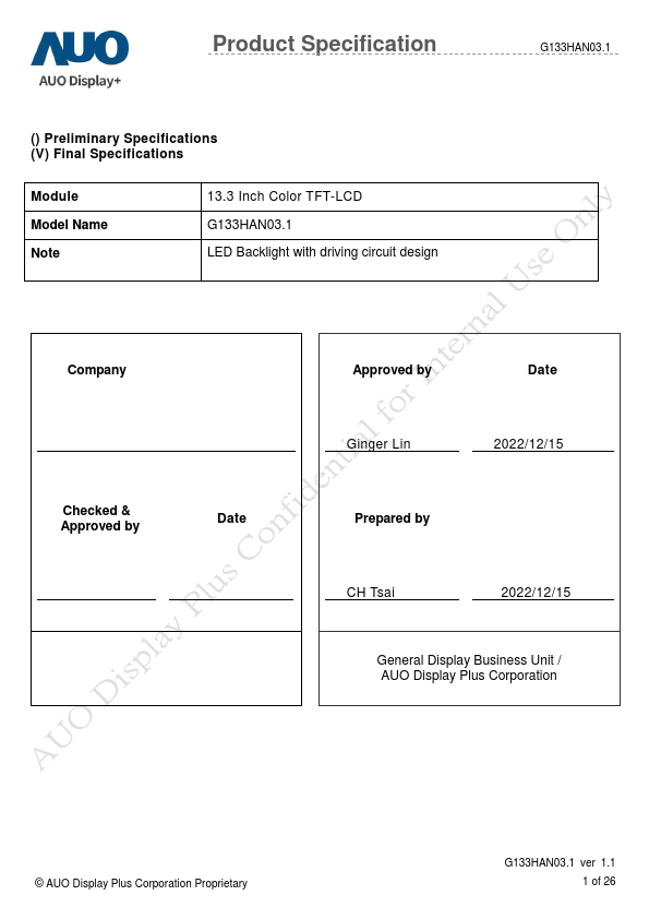 G133HAN03.1 Datasheet Preview