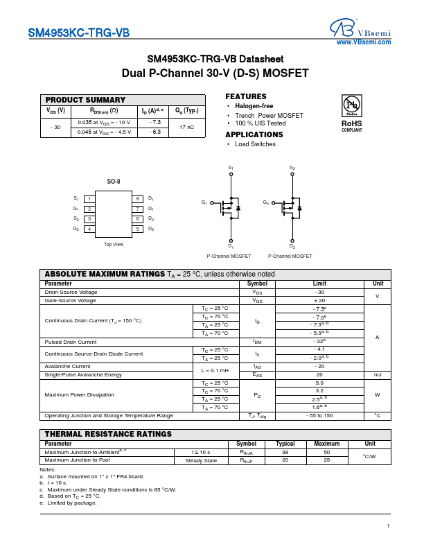 SM4953KC-TRG Dual P-Channel 30V MOSFET by VBsemi - Datasheet Preview