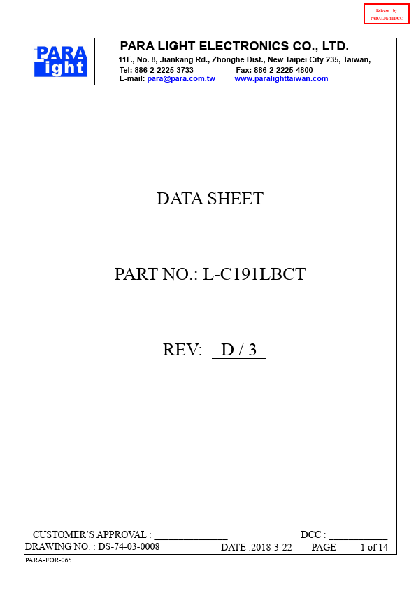 L-C191LBCT SURFACE MOUNT DEVICE LED by PARA LIGHT - Datasheet Preview
