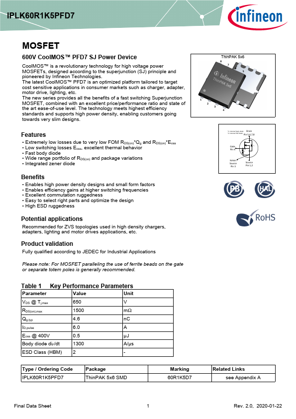 IPLK60R1K5PFD7 Datasheet Preview