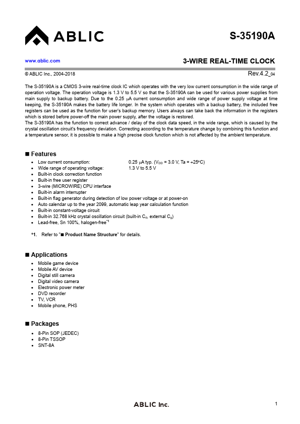 S-35190A 3-WIRE REAL-TIME CLOCK by ABLIC - Datasheet Preview