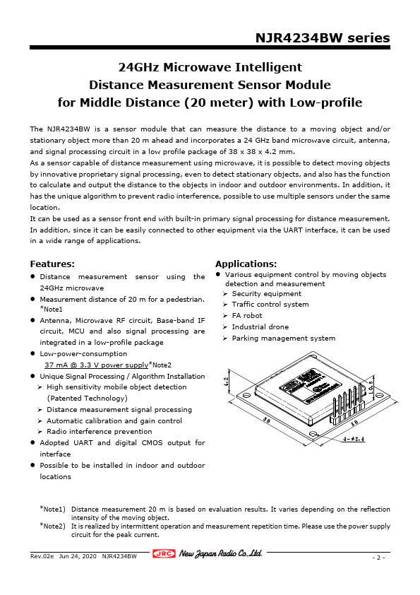 NJR4234BW 24GHz Microwave Intelligent Distance Measurement Sensor Module by New Japan Radio - Datasheet Preview